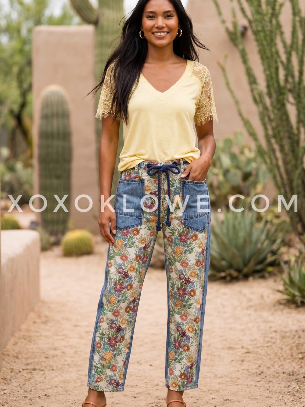 Oli & Hali Floral Jacquard Barrel Jeans | Moxie Rope Tie Denim Pants - Picture 6 of 12